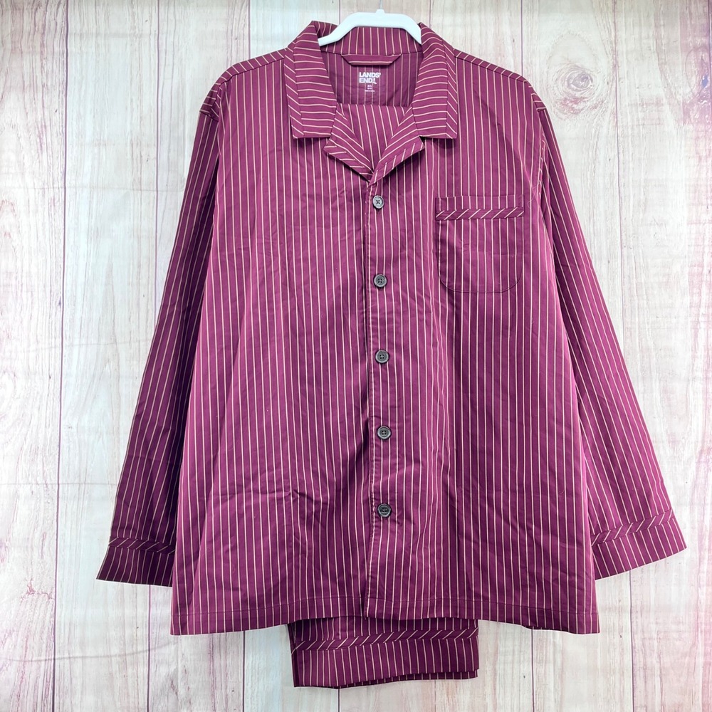 Lands End Mens Pajama Set‎ Long Sleeve Button Up Pants Plaid Burgundy XXLarge